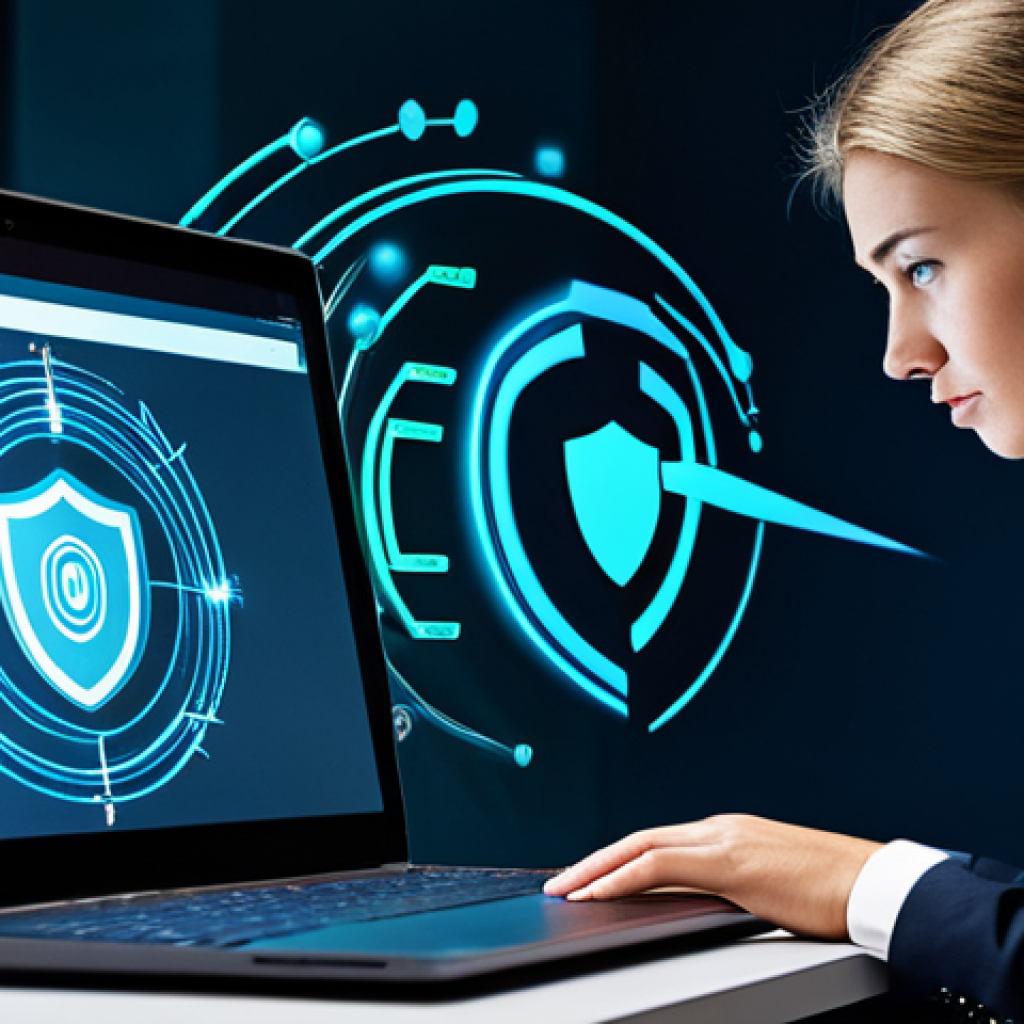 A focused young professional, fully clothed in modest, modern business casual attire, is interacting with a secure laptop at a clean, contemporary desk. Behind them, abstract digital elements representing layers of security like a glowing 'shield' icon, two-factor authentication symbols, and complex password visualizations subtly interweave, illustrating robust personal data protection against a background of faint, swirling ransomware or phishing threat symbols. The scene emphasizes vigilance and a secure digital environment. Perfect anatomy, natural pose, correct proportions, well-formed hands, proper finger count. Professional photography, high detail, volumetric lighting, safe for work, appropriate content, fully clothed, professional.