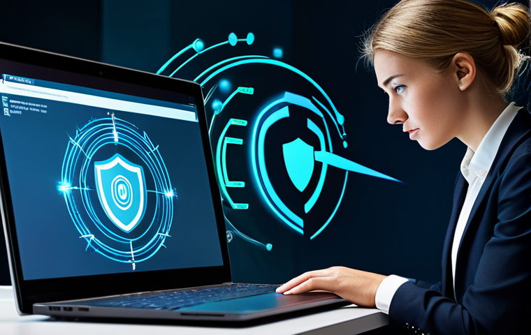 A focused young professional, fully clothed in modest, modern business casual attire, is interacting with a secure laptop at a clean, contemporary desk. Behind them, abstract digital elements representing layers of security like a glowing 'shield' icon, two-factor authentication symbols, and complex password visualizations subtly interweave, illustrating robust personal data protection against a background of faint, swirling ransomware or phishing threat symbols. The scene emphasizes vigilance and a secure digital environment. Perfect anatomy, natural pose, correct proportions, well-formed hands, proper finger count. Professional photography, high detail, volumetric lighting, safe for work, appropriate content, fully clothed, professional.