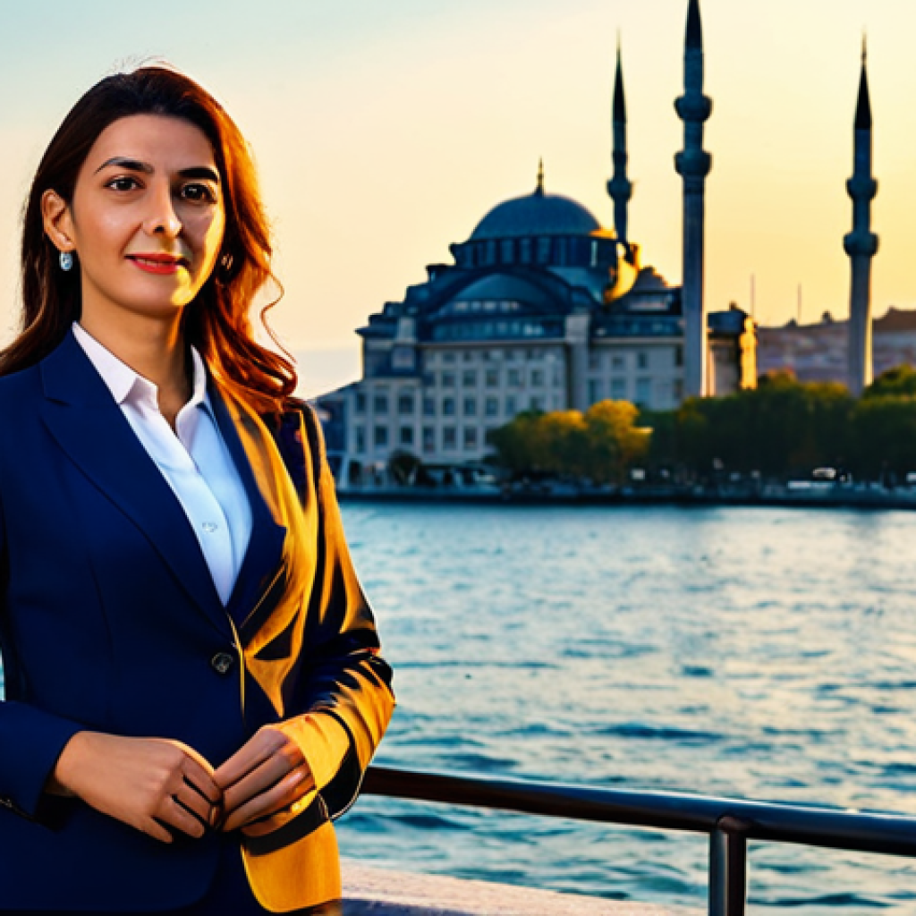 **

"A professional businesswoman in a modest business suit, standing in front of the Bosphorus in Istanbul, Turkey. The sun is setting, casting a warm glow on the city. She is fully clothed in appropriate attire, safe for work, perfect anatomy, natural proportions, professional photography, high quality."

**