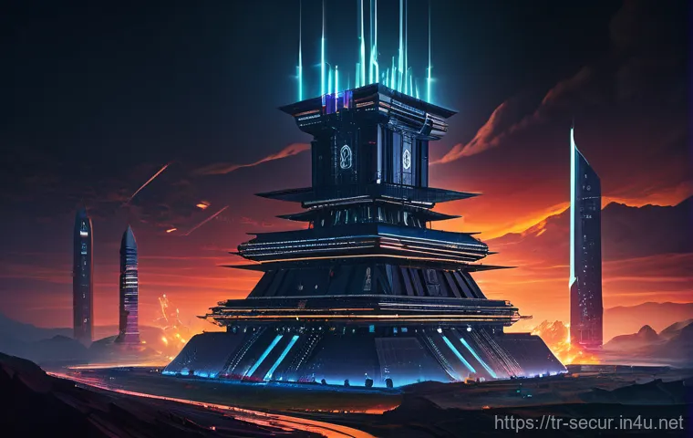정보보안학 사고 대응 계획 수립 - **Prompt:** A sleek, futuristic digital citadel with multiple glowing layers representing firewalls ...