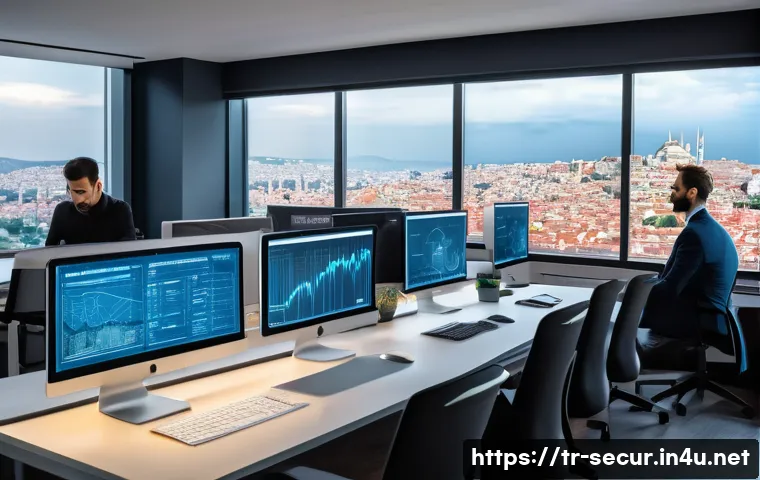 정보보안학 EDR Endpoint Detection   Response - A modern Turkish small business office environment with a diverse team of professionals actively mon...