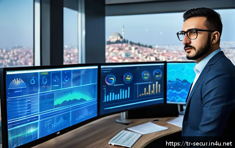 정보보안학 취약점 스캐닝 - A professional cybersecurity analyst in a modern office environment, deeply focused on a large multi...