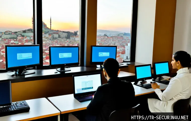 정보보안학 정보 보안 교육 - Photorealistic cybersecurity education scene in a modern Turkish university classroom, diverse adult...